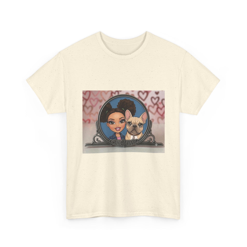 Cute Claire & French Bulldog Portrait T-Shirt — Heart Background Pet Lover Tee