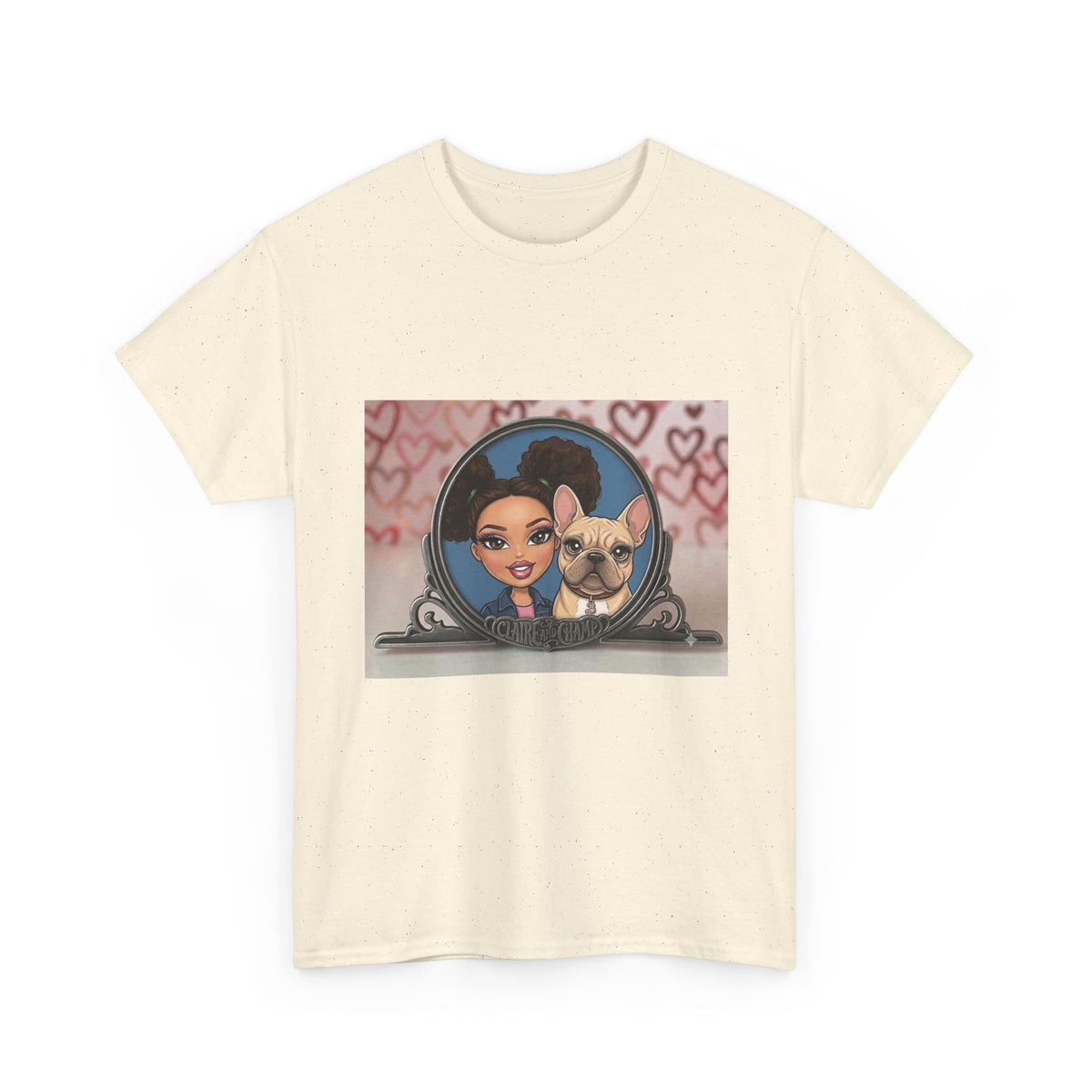 Cute Claire & French Bulldog Portrait T-Shirt — Heart Background Pet Lover Tee