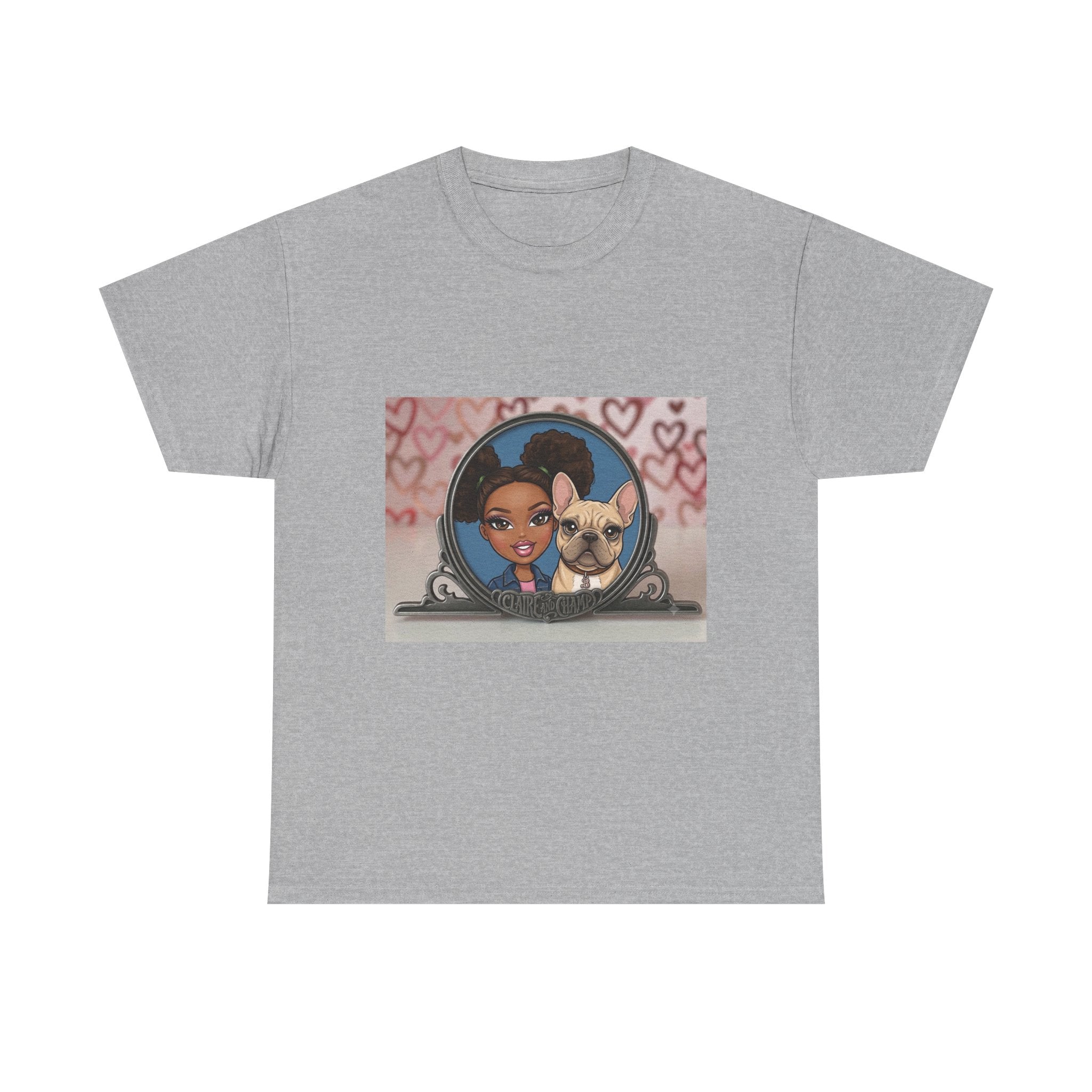Cute Claire & French Bulldog Portrait T-Shirt — Heart Background Pet Lover Tee