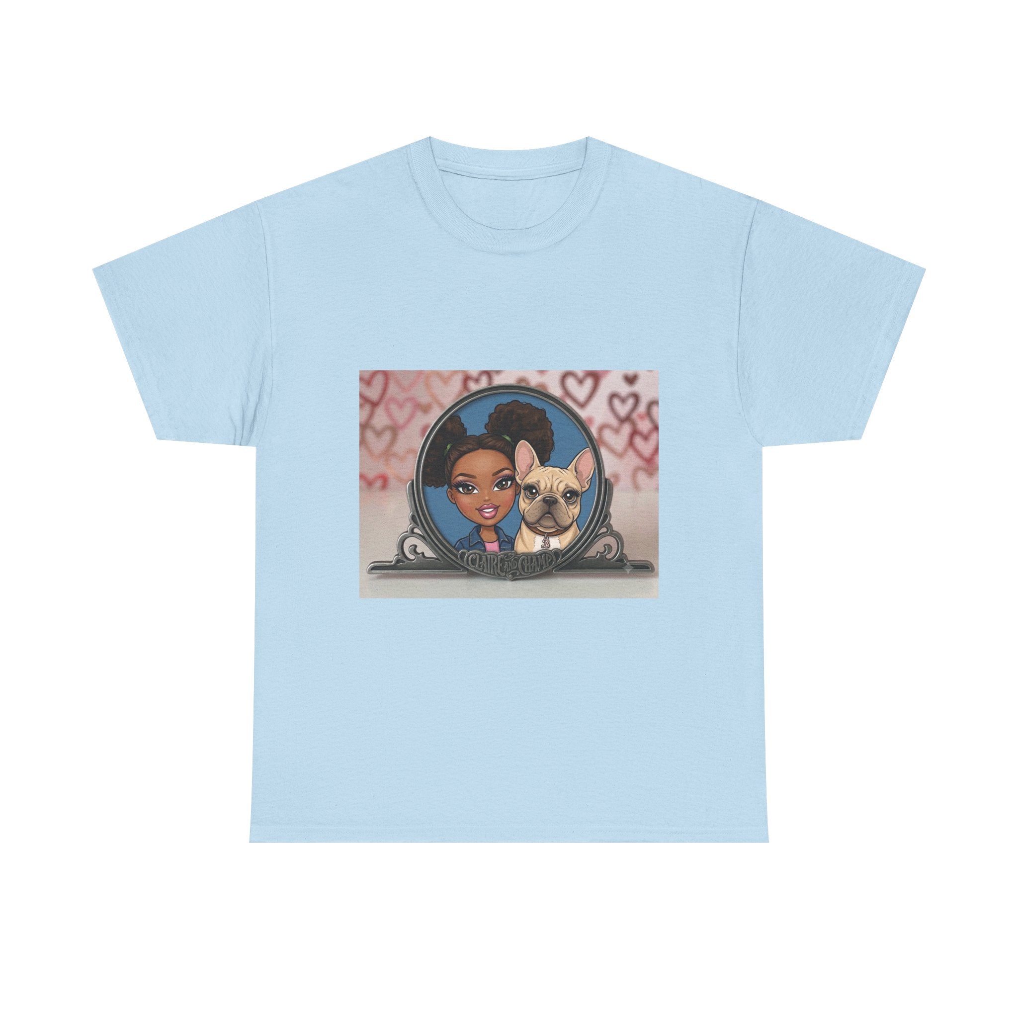 Cute Claire & French Bulldog Portrait T-Shirt — Heart Background Pet Lover Tee