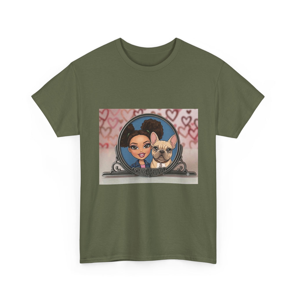 Cute Claire & French Bulldog Portrait T-Shirt — Heart Background Pet Lover Tee