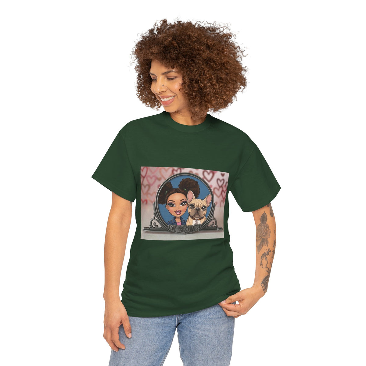 Cute Claire & French Bulldog Portrait T-Shirt — Heart Background Pet Lover Tee