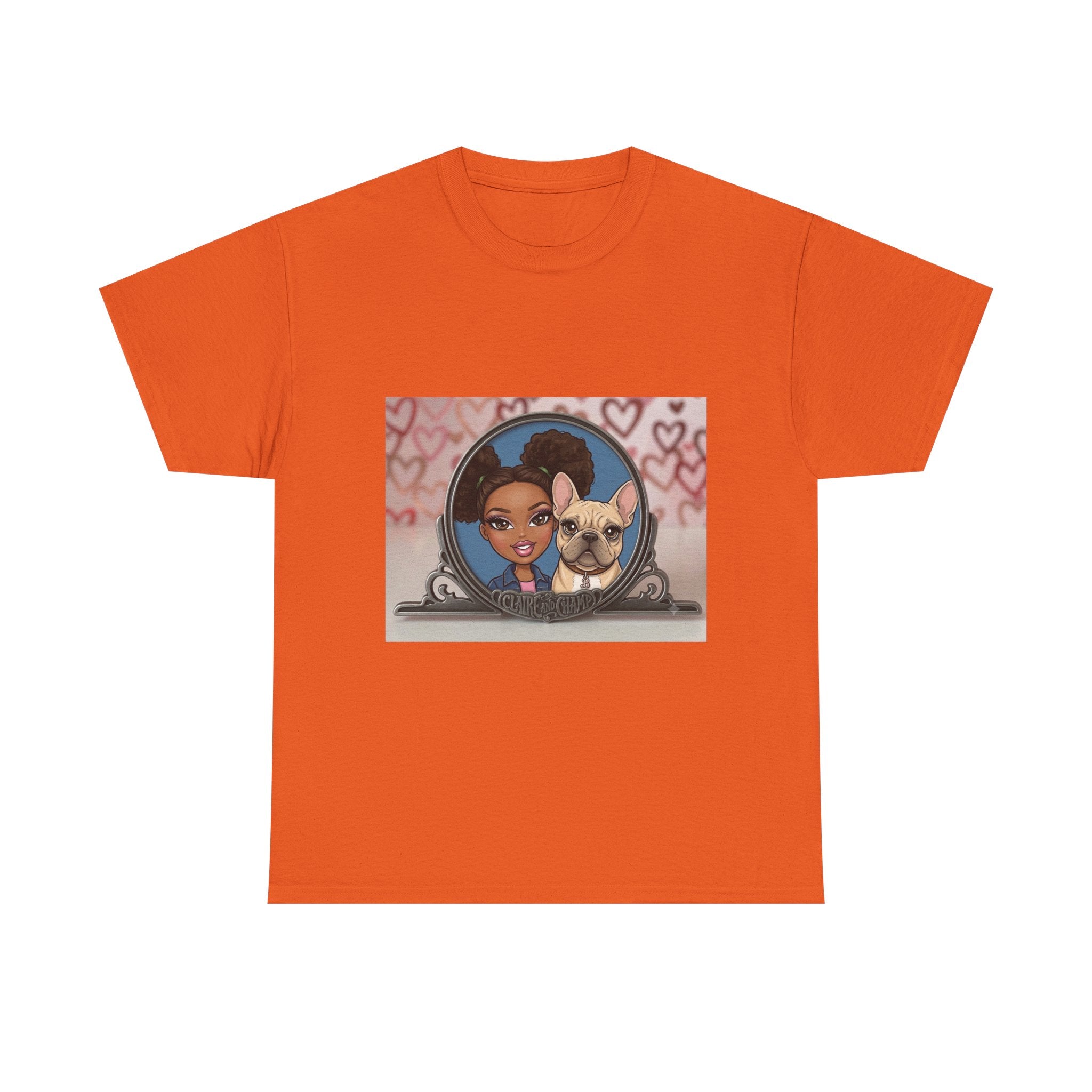 Cute Claire & French Bulldog Portrait T-Shirt — Heart Background Pet Lover Tee