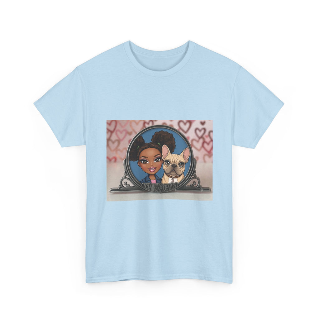 Cute Claire & French Bulldog Portrait T-Shirt — Heart Background Pet Lover Tee