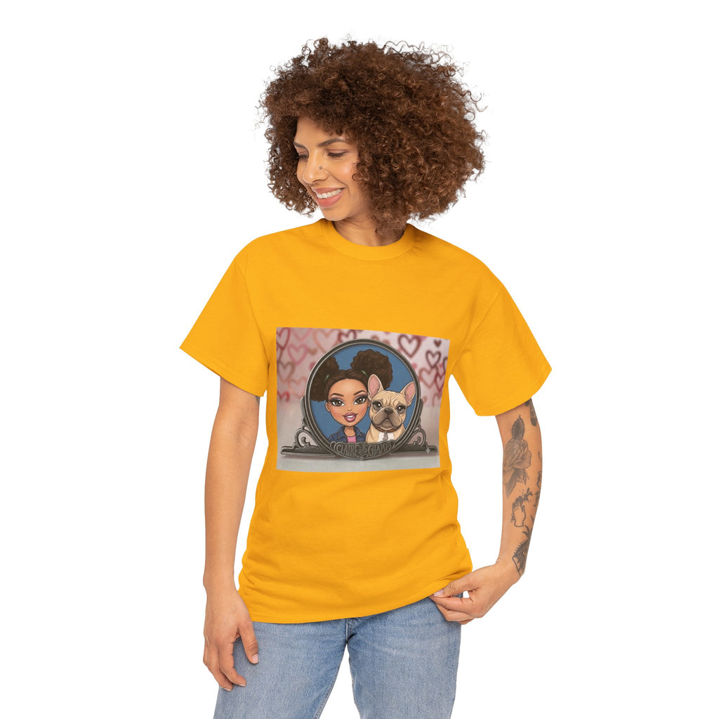 Cute Claire & French Bulldog Portrait T-Shirt — Heart Background Pet Lover Tee