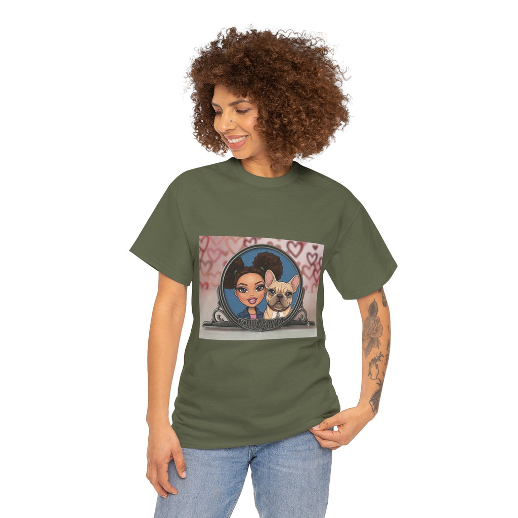Cute Claire & French Bulldog Portrait T-Shirt — Heart Background Pet Lover Tee