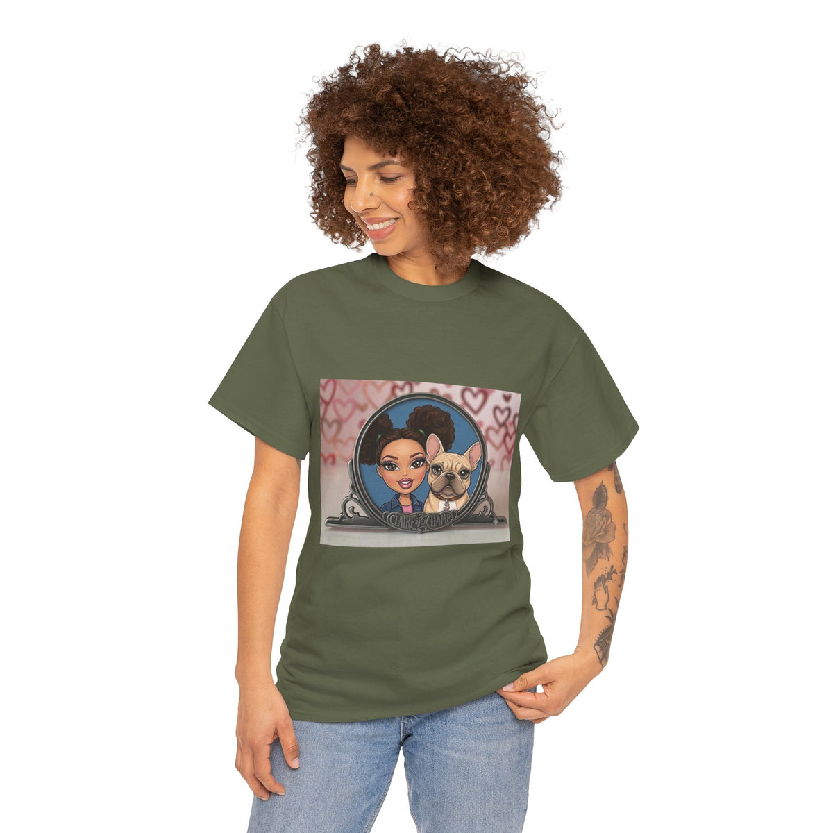 Cute Claire & French Bulldog Portrait T-Shirt — Heart Background Pet Lover Tee