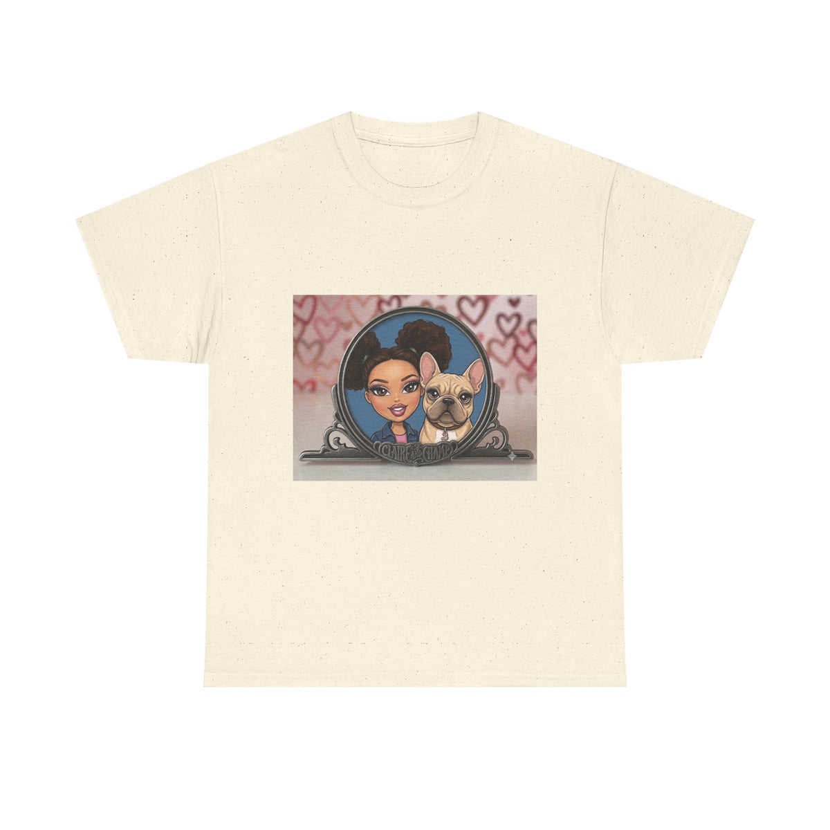 Cute Claire & French Bulldog Portrait T-Shirt — Heart Background Pet Lover Tee
