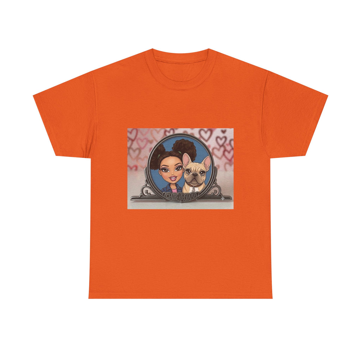 Cute Claire & French Bulldog Portrait T-Shirt — Heart Background Pet Lover Tee