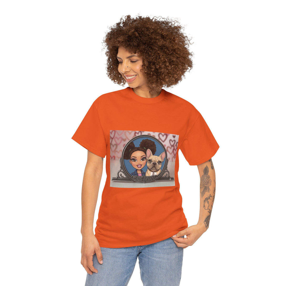 Cute Claire & French Bulldog Portrait T-Shirt — Heart Background Pet Lover Tee