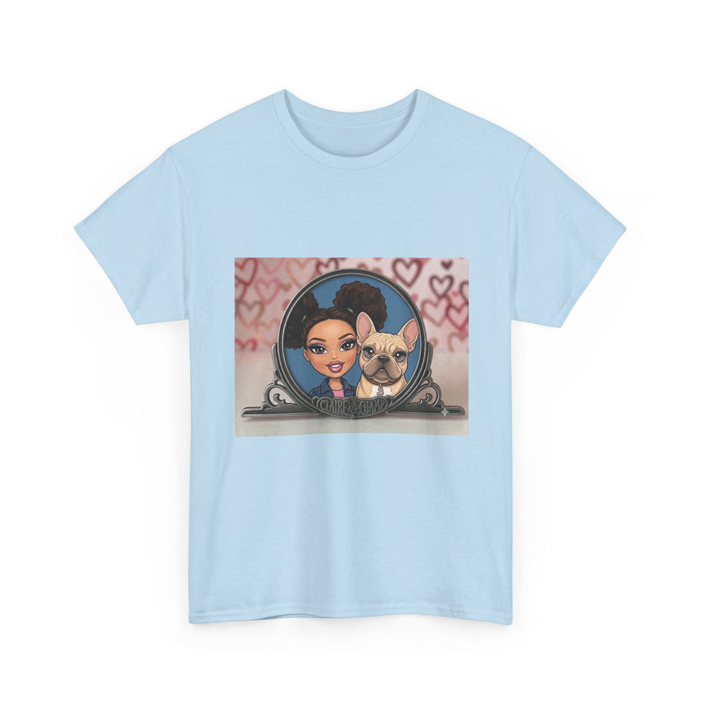 Cute Claire & French Bulldog Portrait T-Shirt — Heart Background Pet Lover Tee