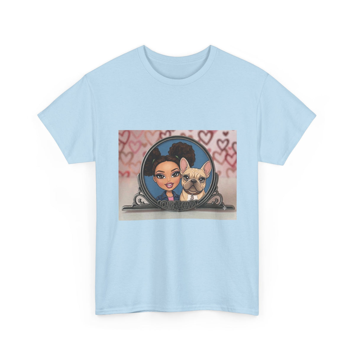 Cute Claire & French Bulldog Portrait T-Shirt — Heart Background Pet Lover Tee