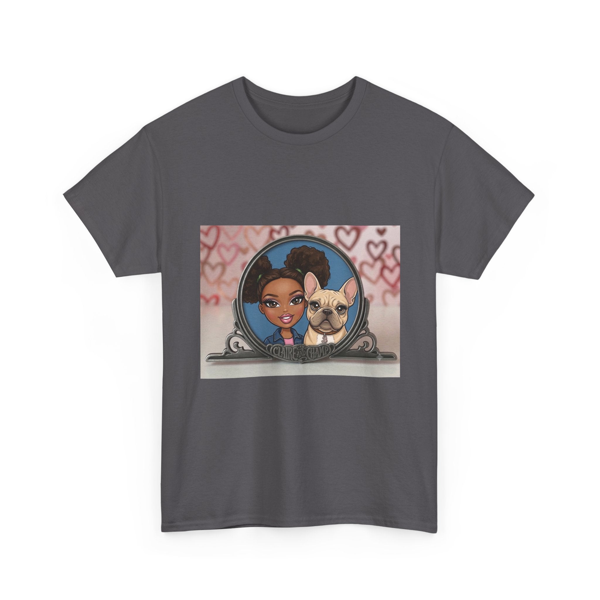 Cute Claire & French Bulldog Portrait T-Shirt — Heart Background Pet Lover Tee