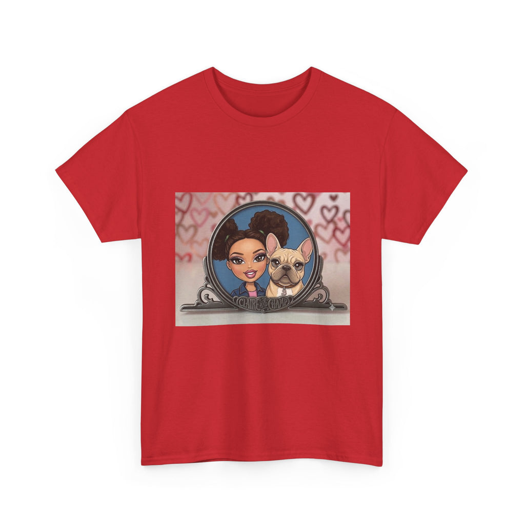 Cute Claire & French Bulldog Portrait T-Shirt — Heart Background Pet Lover Tee