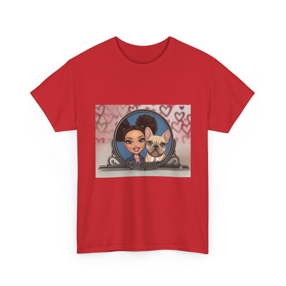 Cute Claire & French Bulldog Portrait T-Shirt — Heart Background Pet Lover Tee
