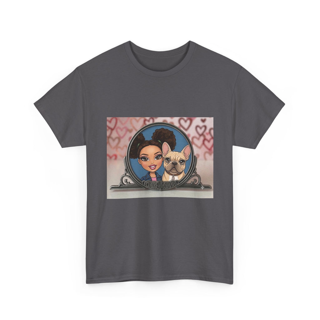 Cute Claire & French Bulldog Portrait T-Shirt — Heart Background Pet Lover Tee