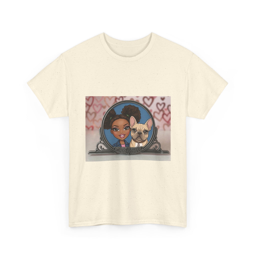 Cute Claire & French Bulldog Portrait T-Shirt — Heart Background Pet Lover Tee