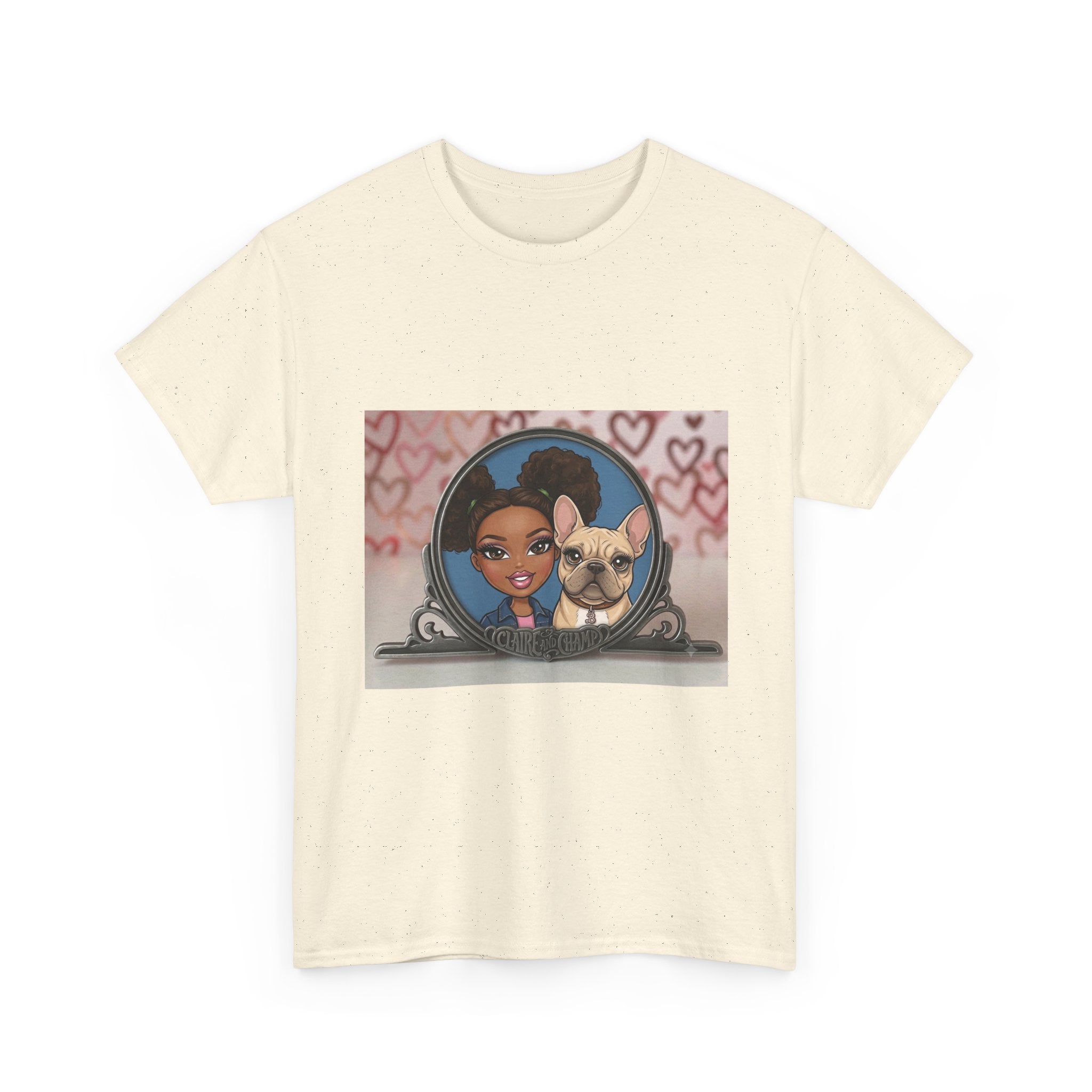 Cute Claire & French Bulldog Portrait T-Shirt — Heart Background Pet Lover Tee