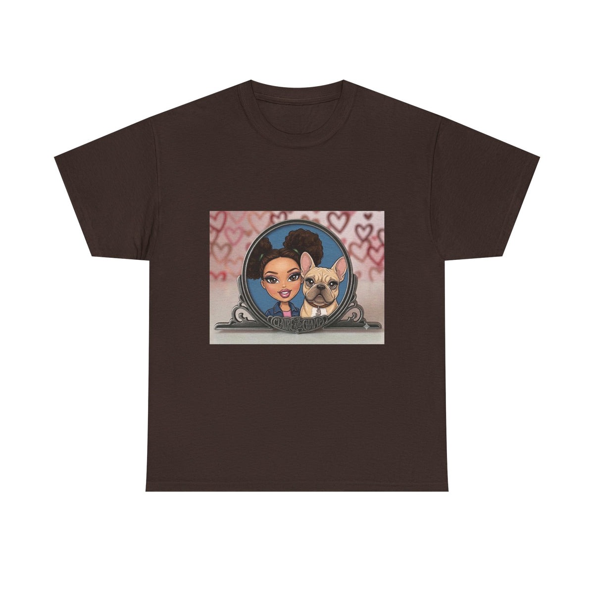 Cute Claire & French Bulldog Portrait T-Shirt — Heart Background Pet Lover Tee