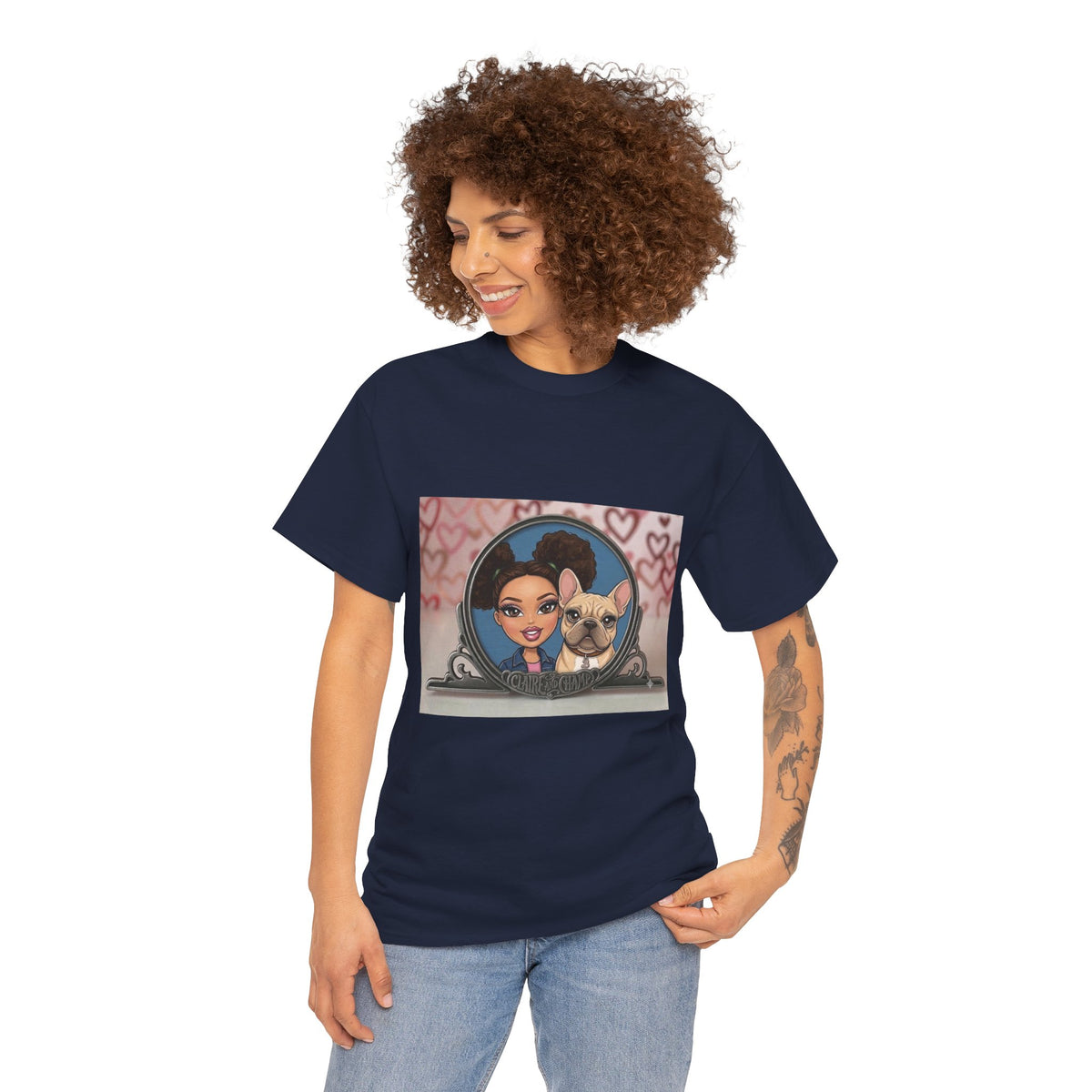 Cute Claire & French Bulldog Portrait T-Shirt — Heart Background Pet Lover Tee