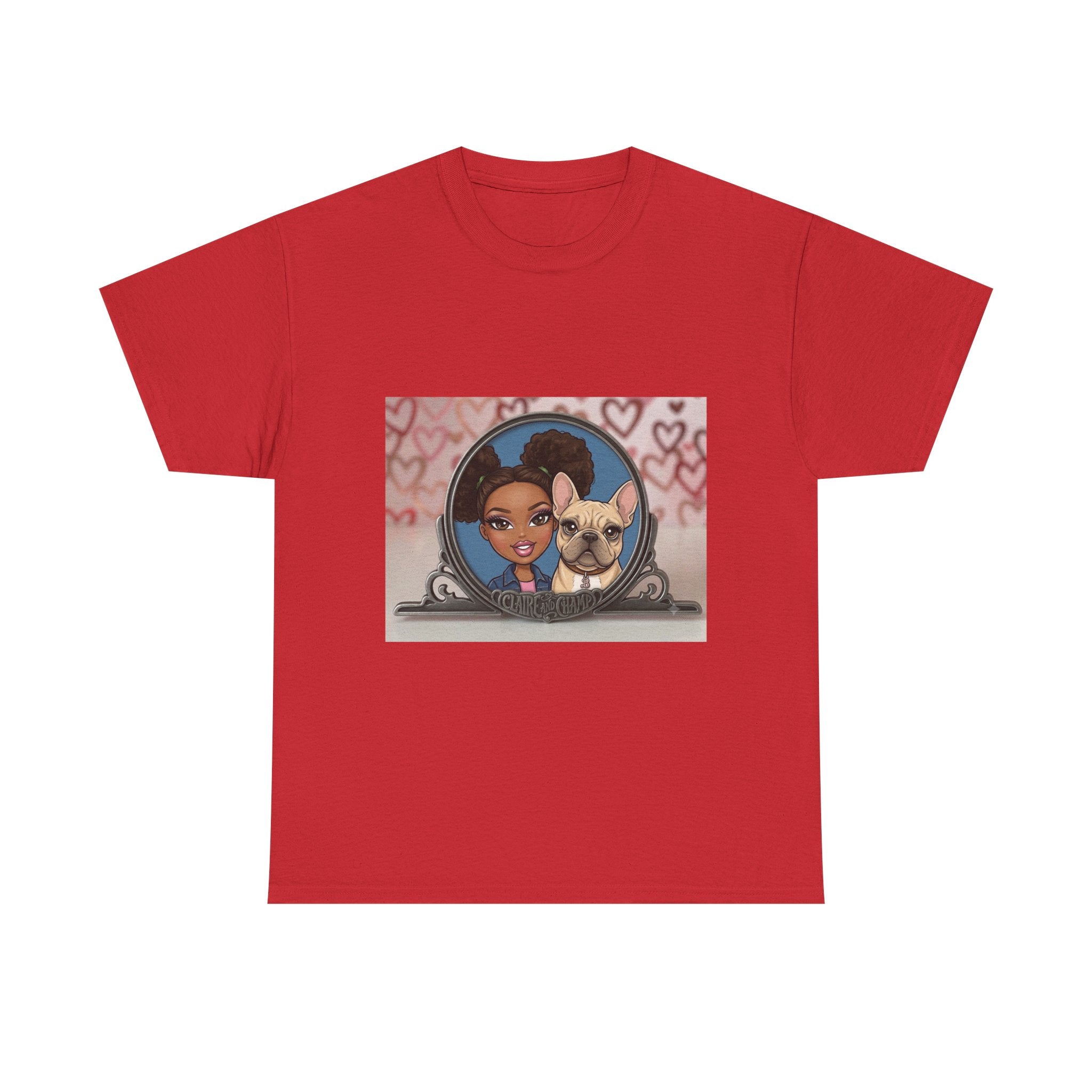 Cute Claire & French Bulldog Portrait T-Shirt — Heart Background Pet Lover Tee