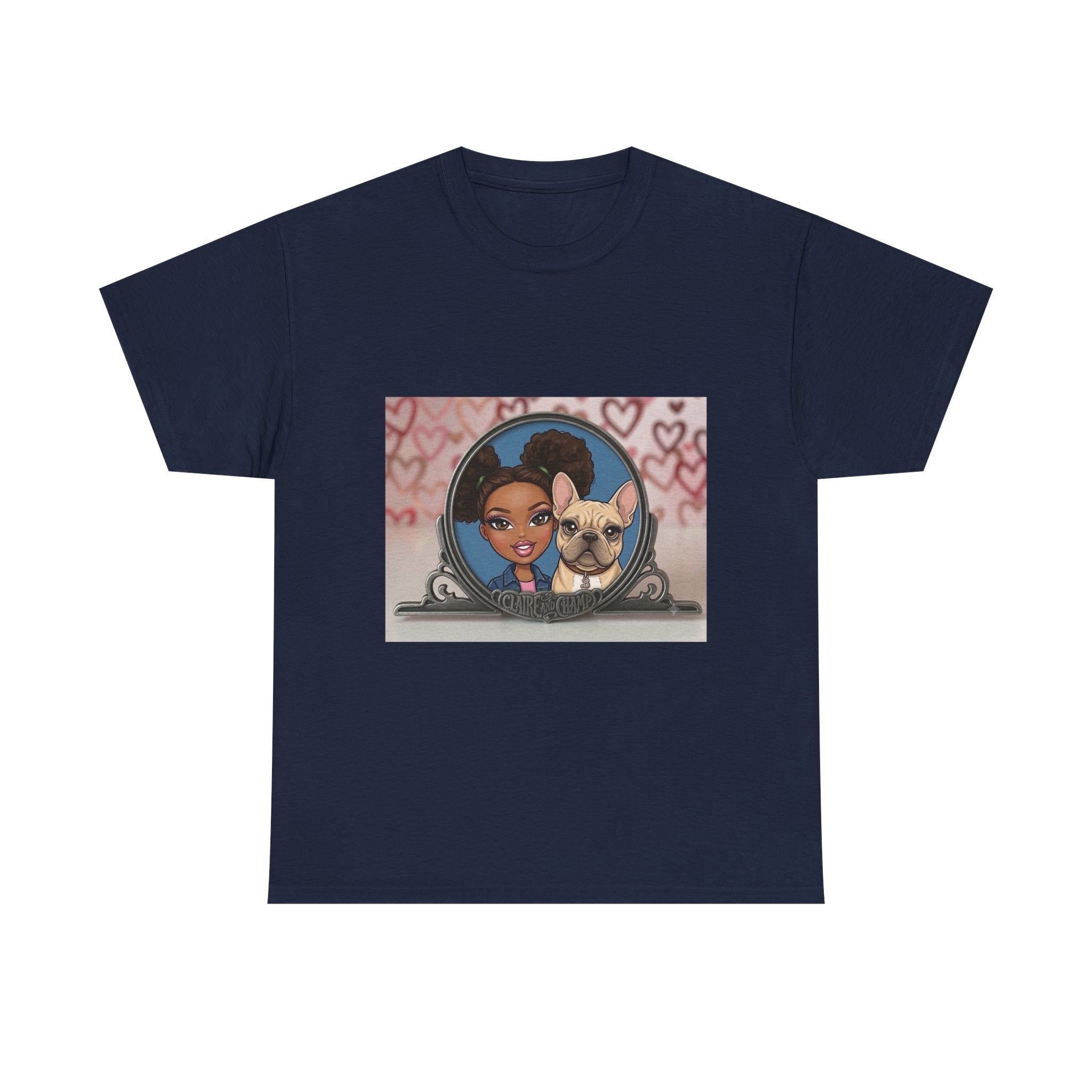 Cute Claire & French Bulldog Portrait T-Shirt — Heart Background Pet Lover Tee