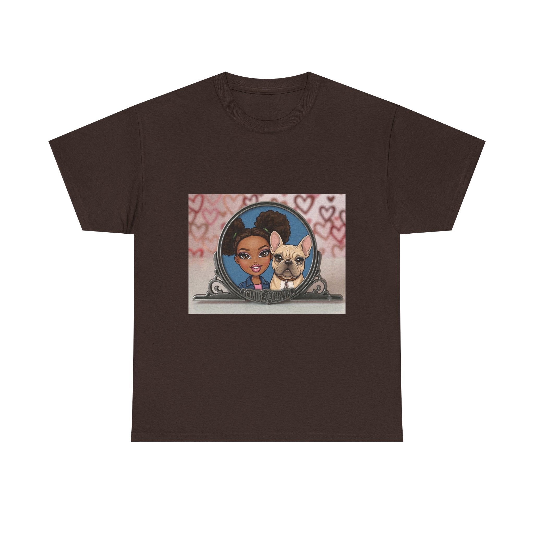 Cute Claire & French Bulldog Portrait T-Shirt — Heart Background Pet Lover Tee