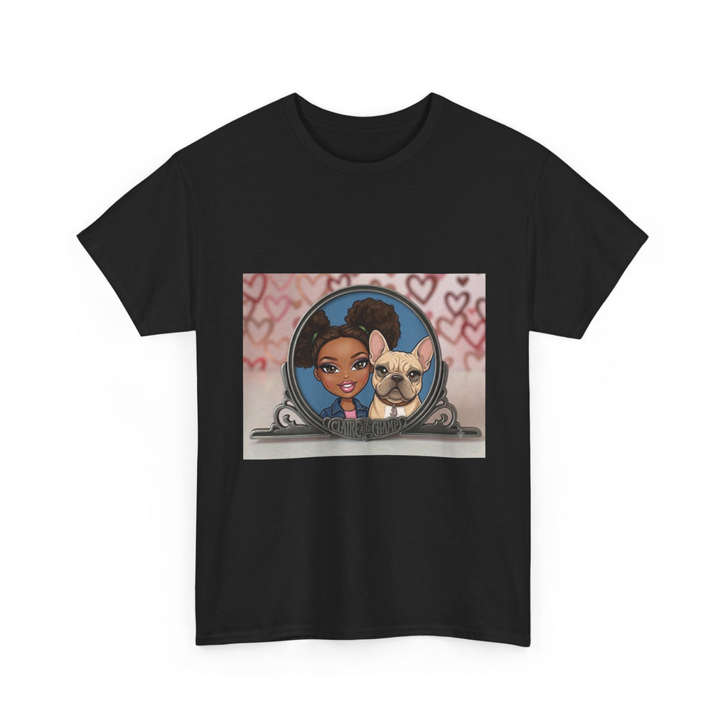 Cute Claire & French Bulldog Portrait T-Shirt — Heart Background Pet Lover Tee