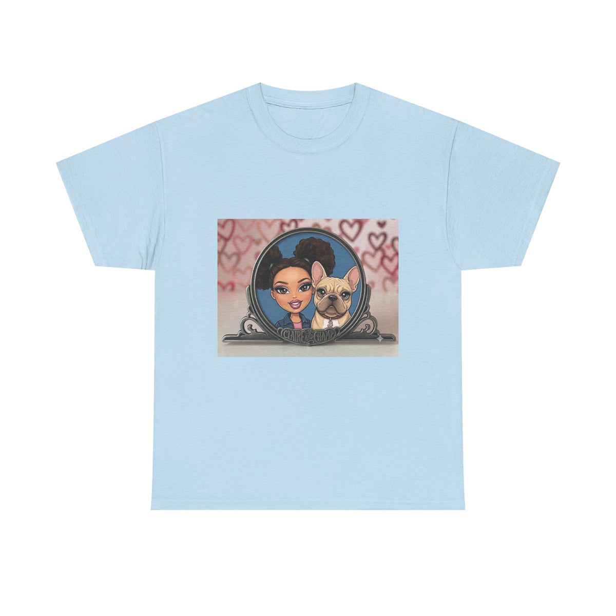 Cute Claire & French Bulldog Portrait T-Shirt — Heart Background Pet Lover Tee