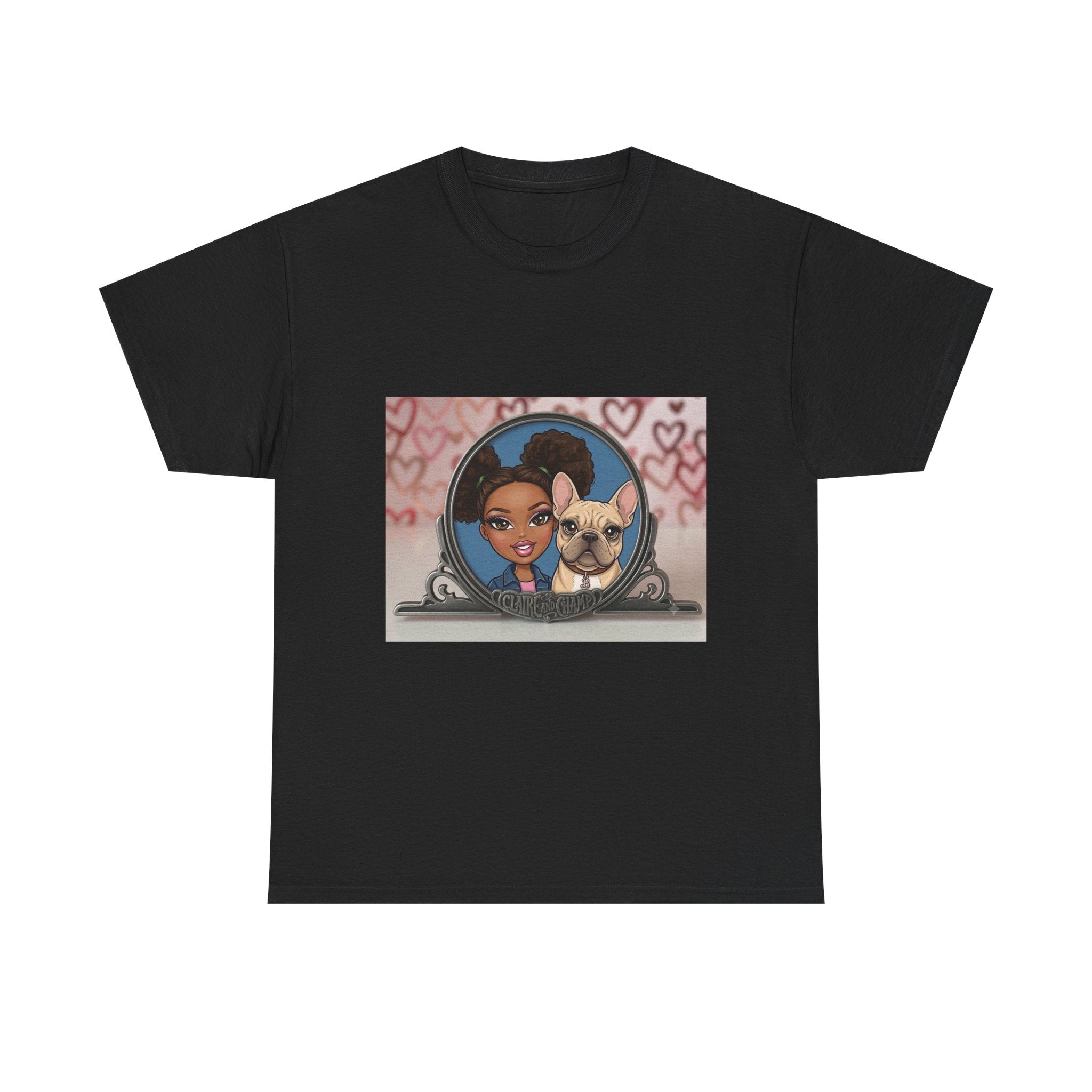 Cute Claire & French Bulldog Portrait T-Shirt — Heart Background Pet Lover Tee