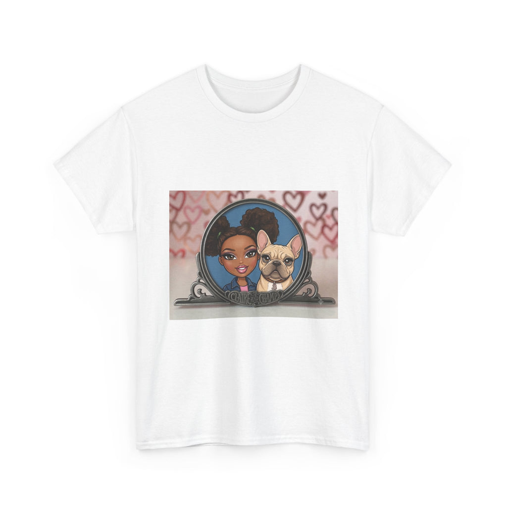 Cute Claire & French Bulldog Portrait T-Shirt — Heart Background Pet Lover Tee