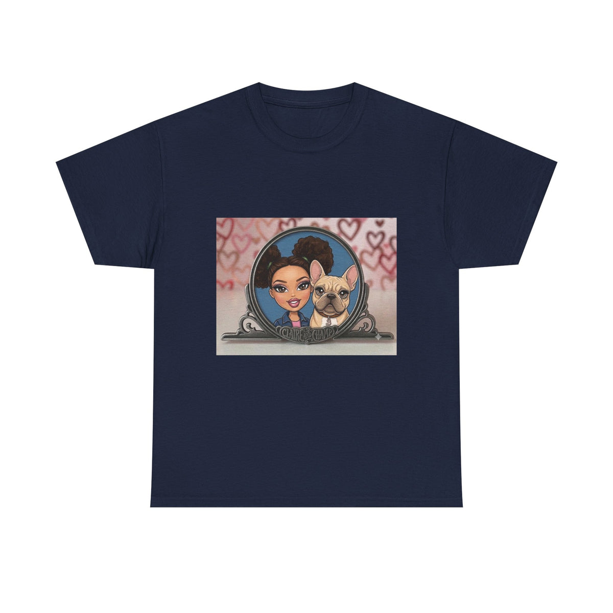 Cute Claire & French Bulldog Portrait T-Shirt — Heart Background Pet Lover Tee