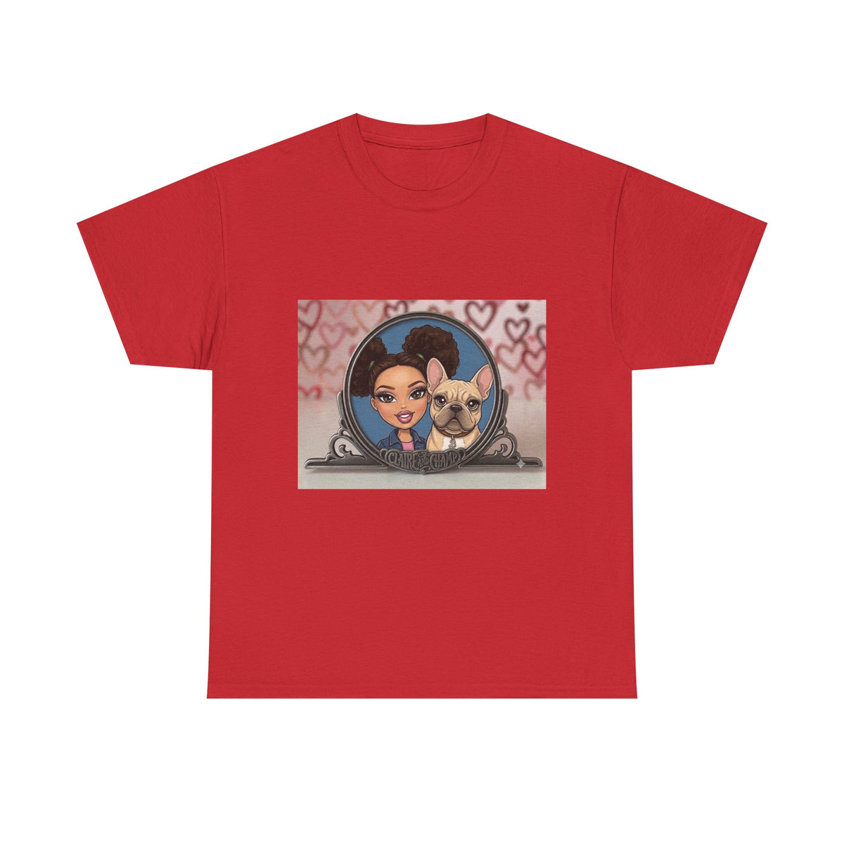 Cute Claire & French Bulldog Portrait T-Shirt — Heart Background Pet Lover Tee