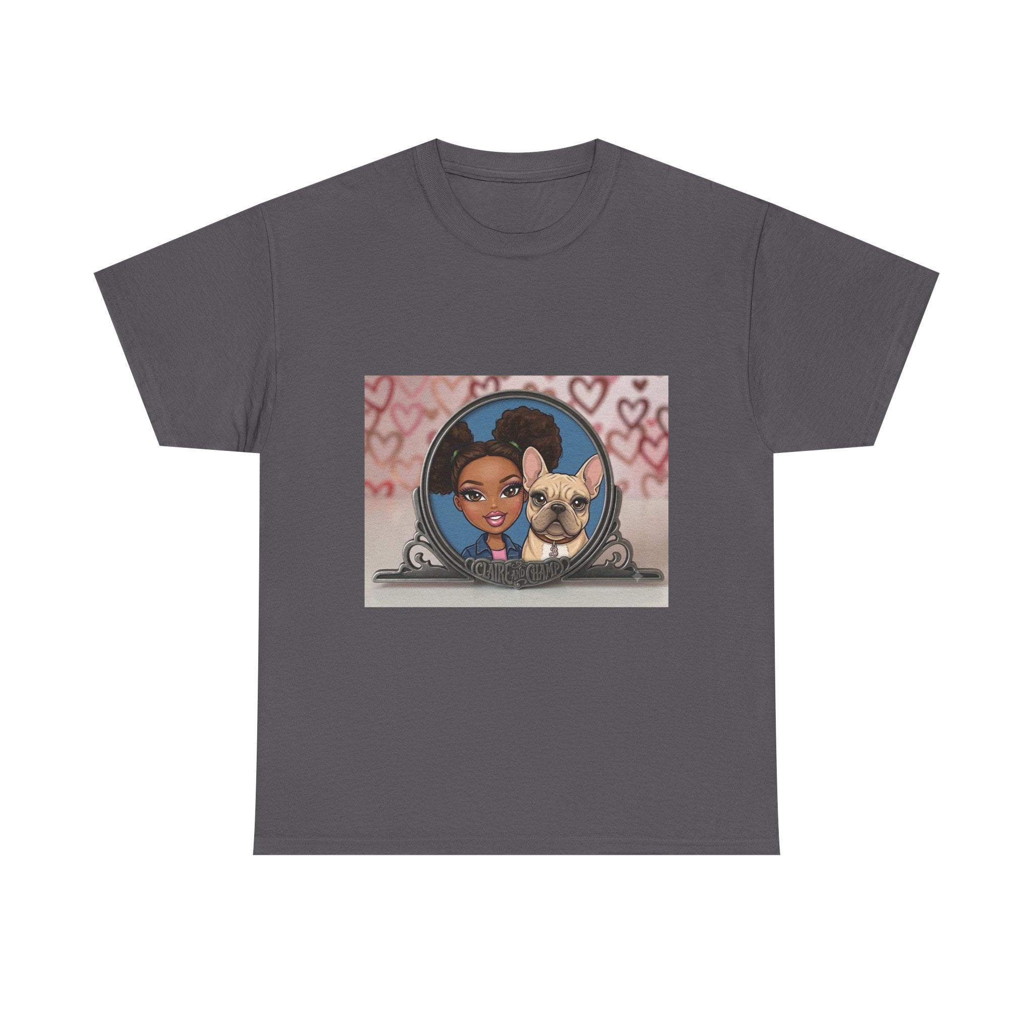 Cute Claire & French Bulldog Portrait T-Shirt — Heart Background Pet Lover Tee