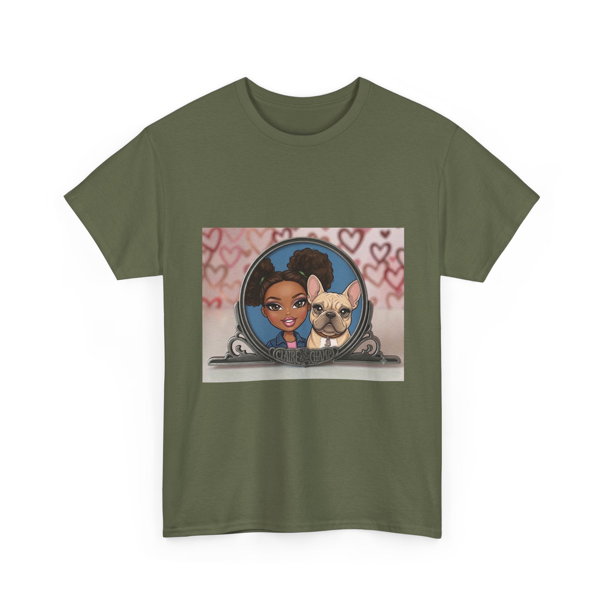 Cute Claire & French Bulldog Portrait T-Shirt — Heart Background Pet Lover Tee
