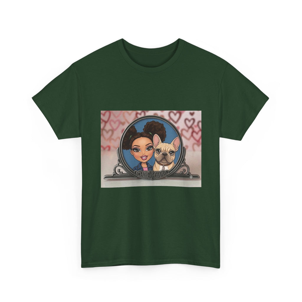 Cute Claire & French Bulldog Portrait T-Shirt — Heart Background Pet Lover Tee