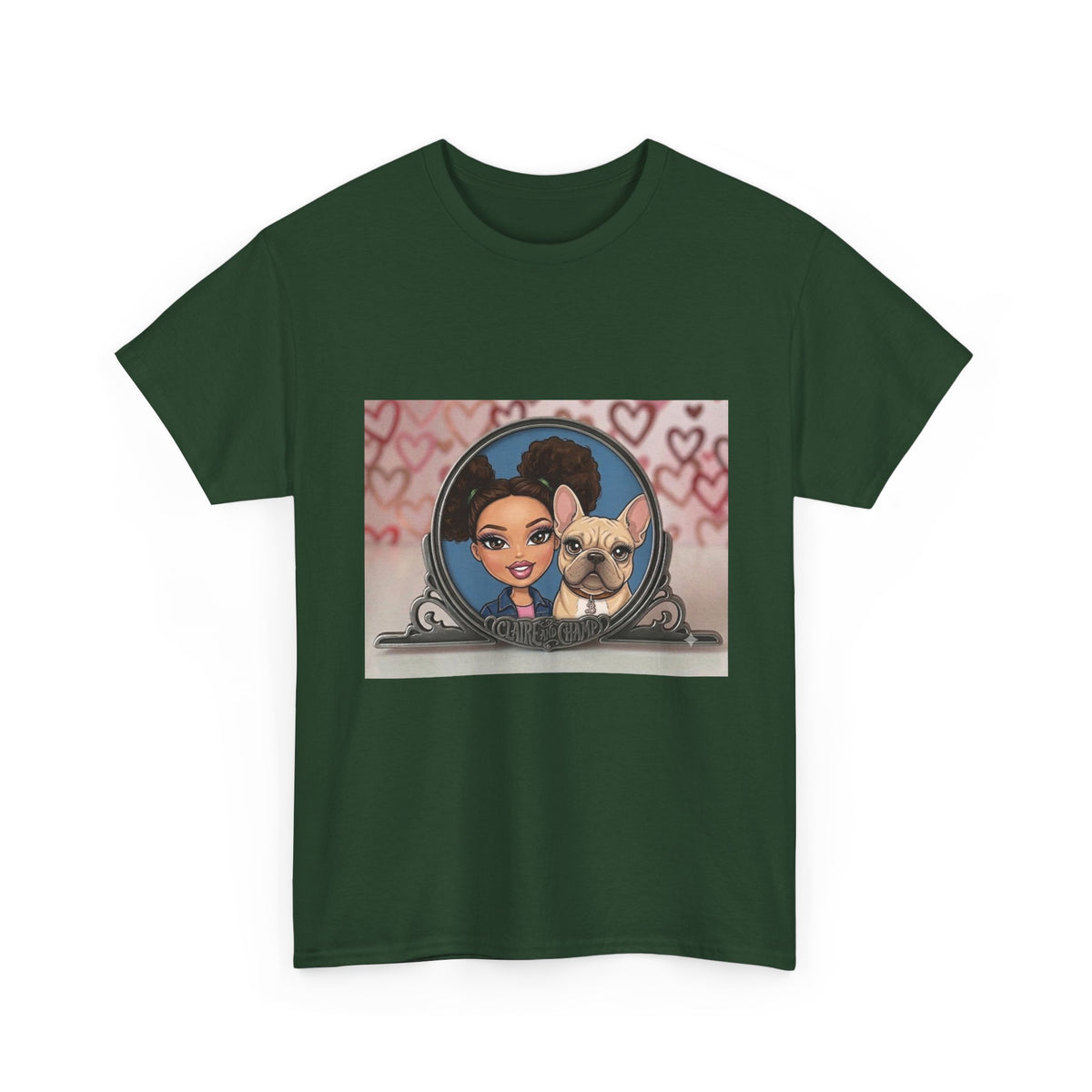 Cute Claire & French Bulldog Portrait T-Shirt — Heart Background Pet Lover Tee