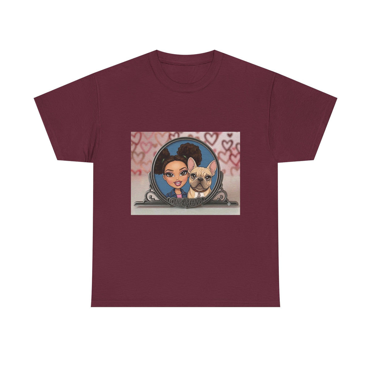 Cute Claire & French Bulldog Portrait T-Shirt — Heart Background Pet Lover Tee