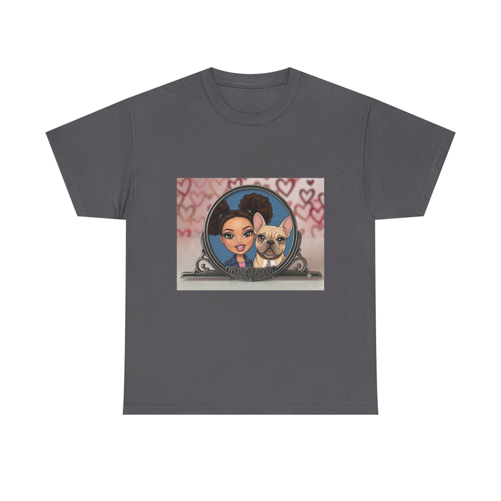 Cute Claire & French Bulldog Portrait T-Shirt — Heart Background Pet Lover Tee