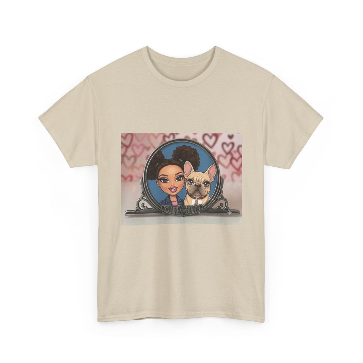 Cute Claire & French Bulldog Portrait T-Shirt — Heart Background Pet Lover Tee