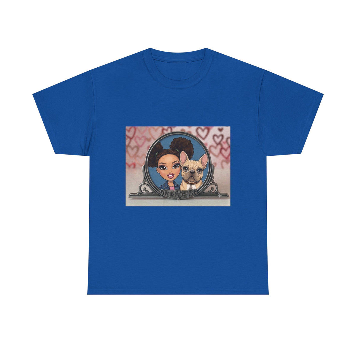 Cute Claire & French Bulldog Portrait T-Shirt — Heart Background Pet Lover Tee