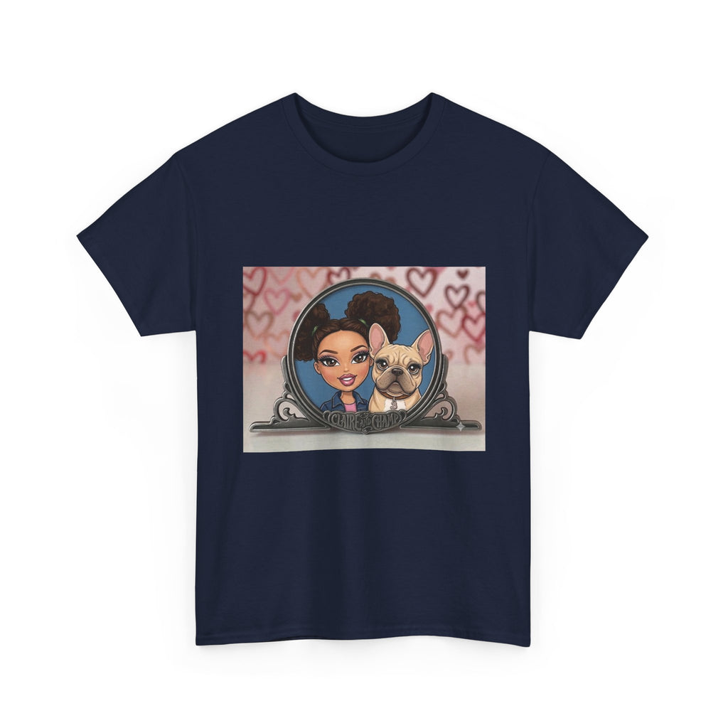 Cute Claire & French Bulldog Portrait T-Shirt — Heart Background Pet Lover Tee