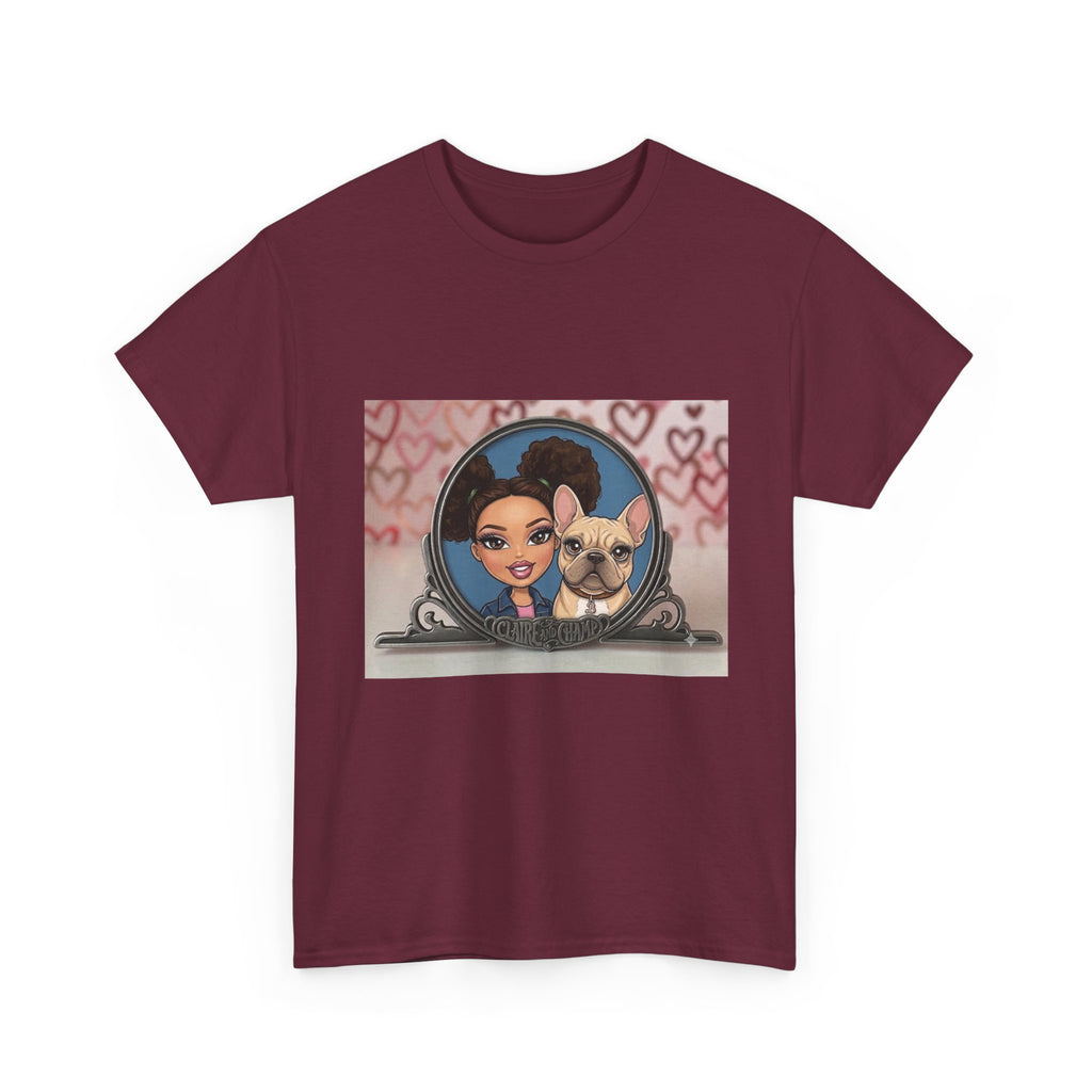 Cute Claire & French Bulldog Portrait T-Shirt — Heart Background Pet Lover Tee