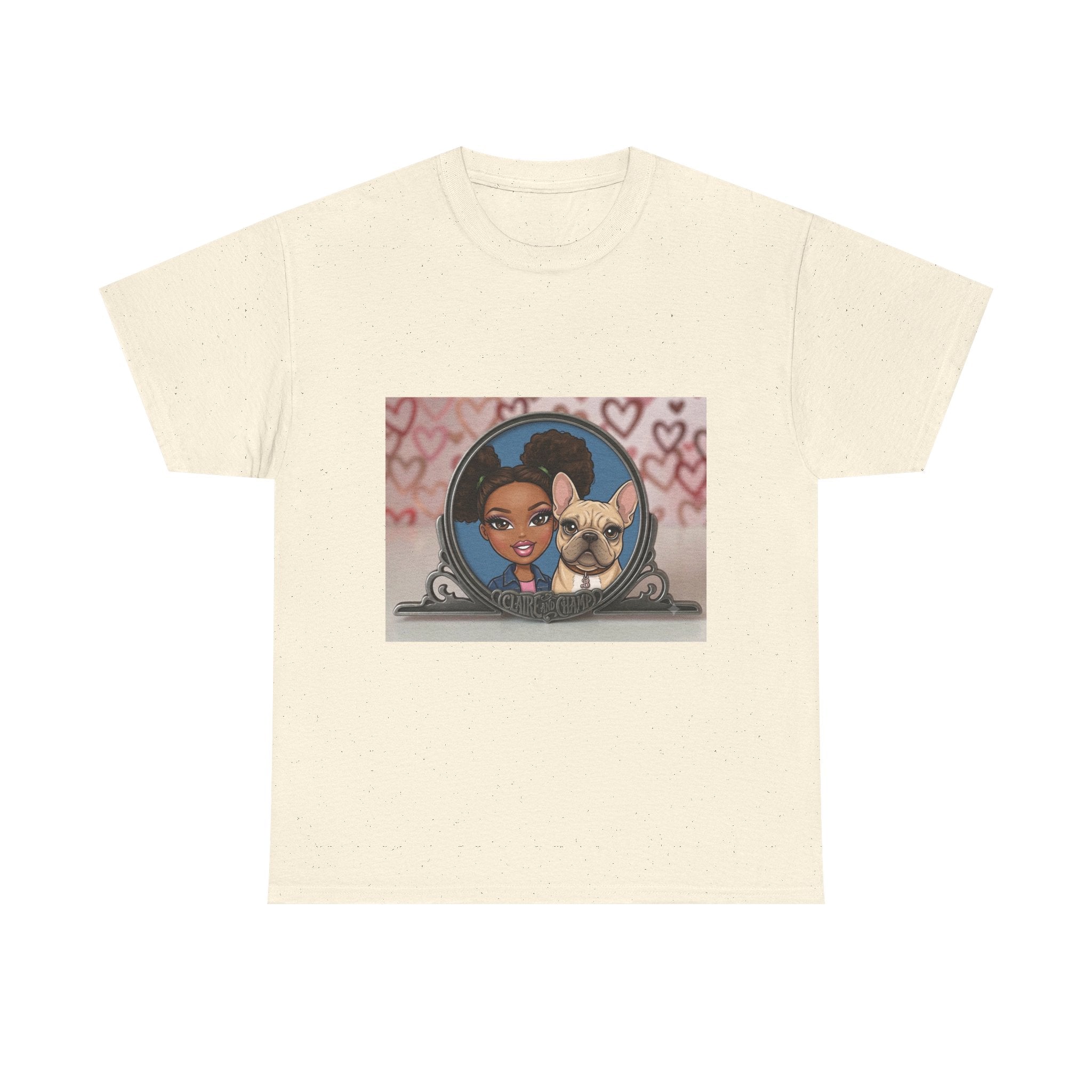 Cute Claire & French Bulldog Portrait T-Shirt — Heart Background Pet Lover Tee