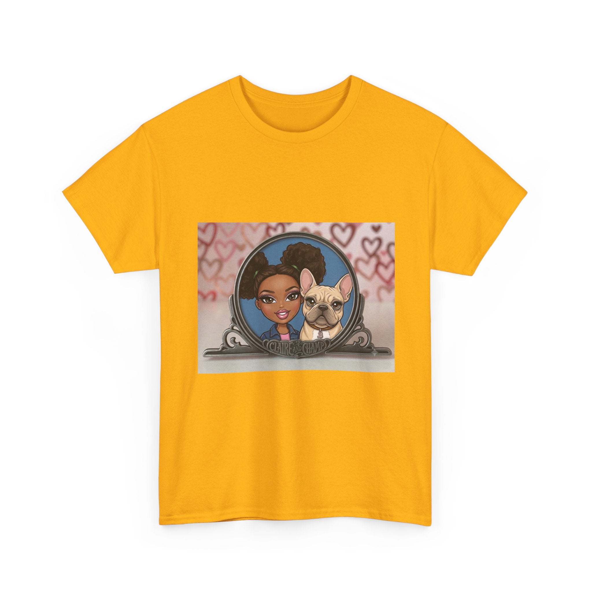 Cute Claire & French Bulldog Portrait T-Shirt — Heart Background Pet Lover Tee