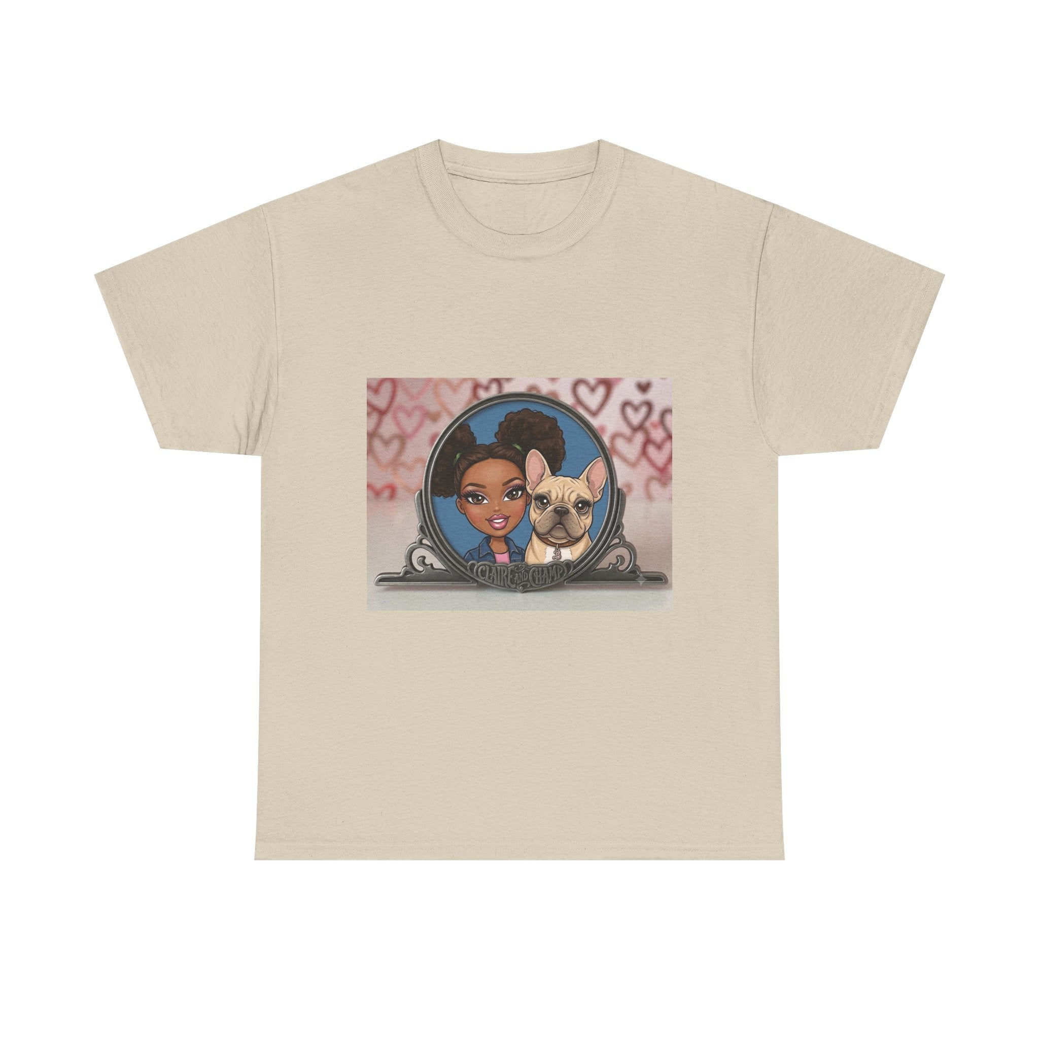 Cute Claire & French Bulldog Portrait T-Shirt — Heart Background Pet Lover Tee