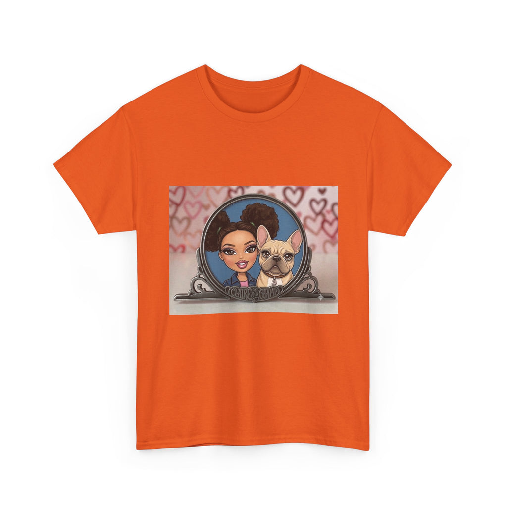 Cute Claire & French Bulldog Portrait T-Shirt — Heart Background Pet Lover Tee