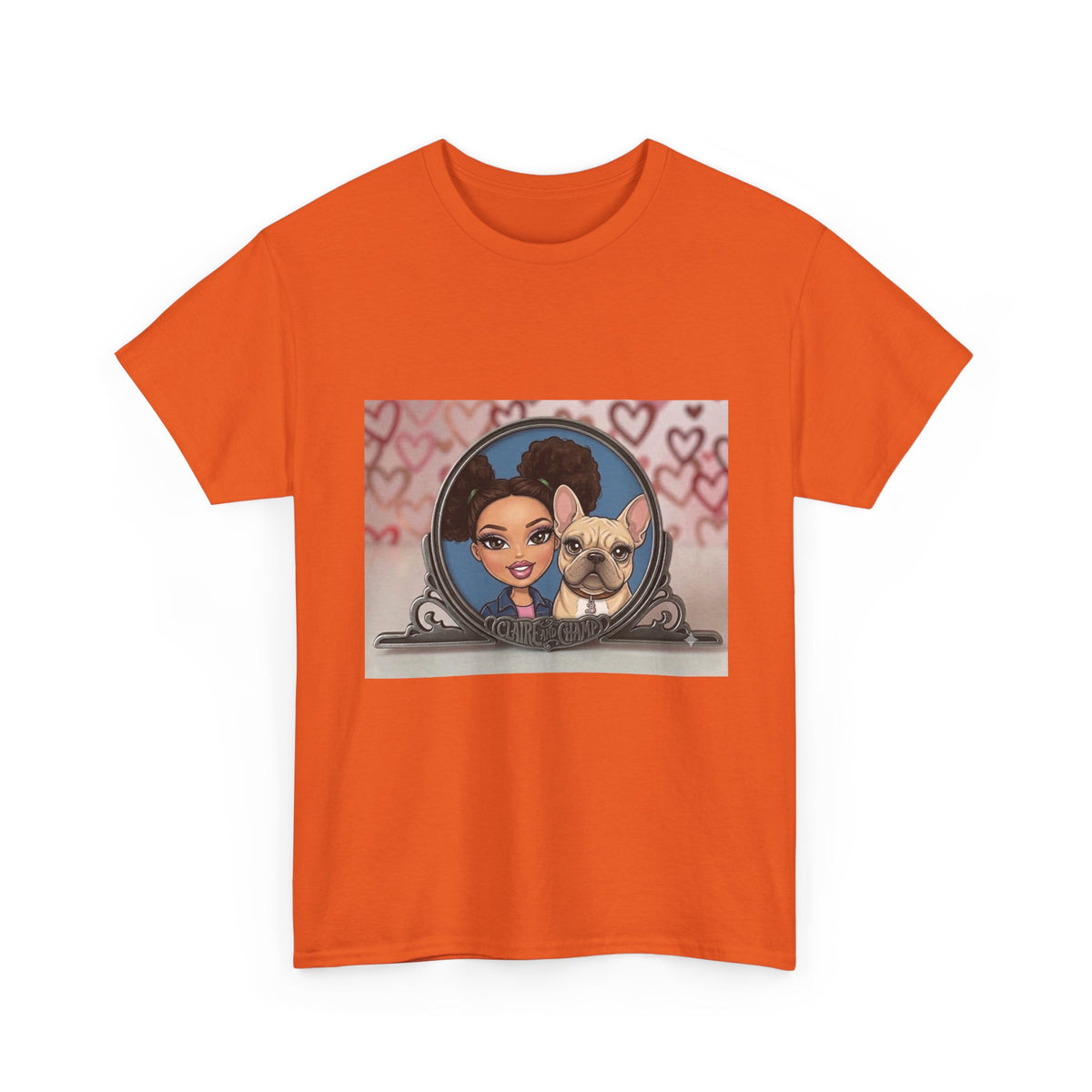 Cute Claire & French Bulldog Portrait T-Shirt — Heart Background Pet Lover Tee