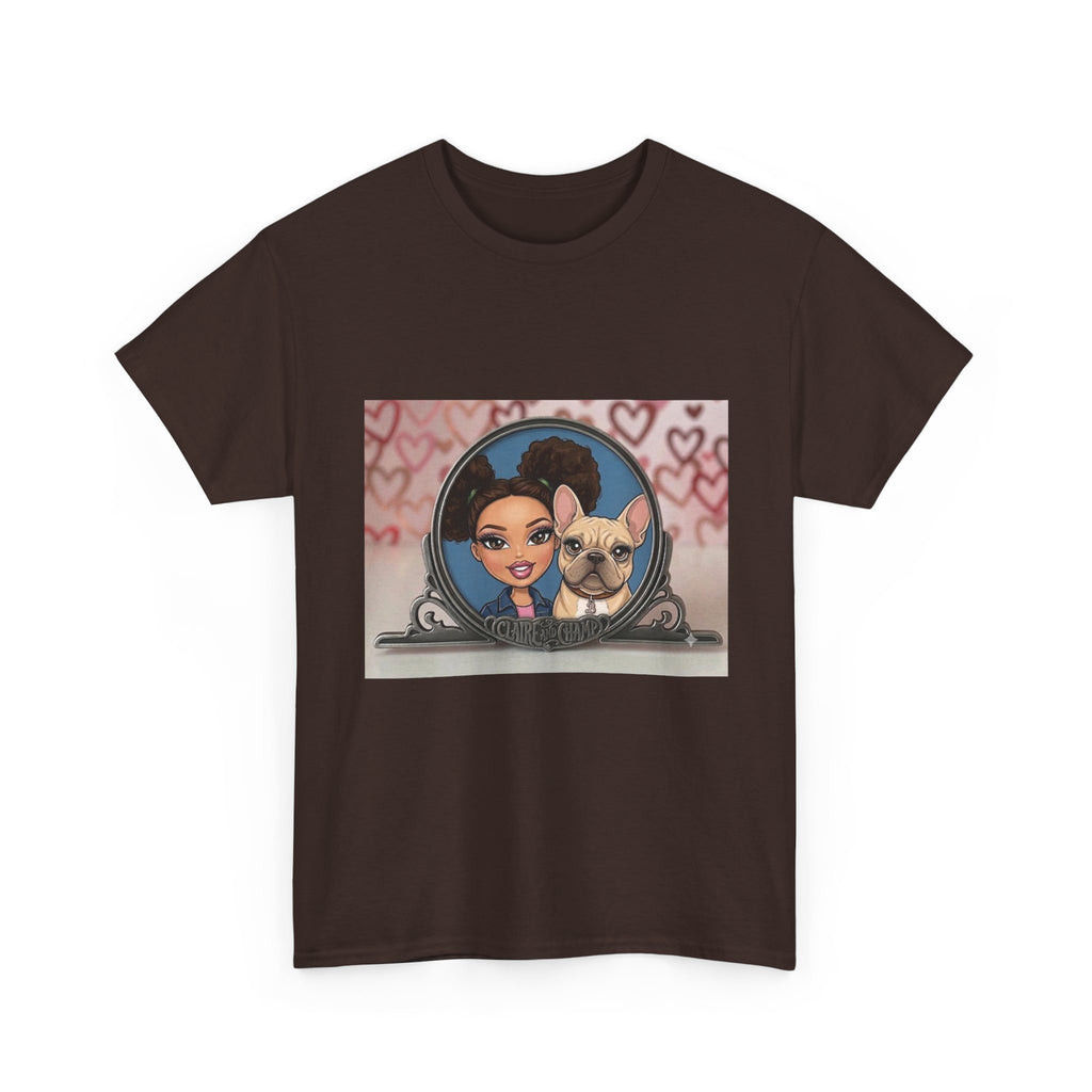 Cute Claire & French Bulldog Portrait T-Shirt — Heart Background Pet Lover Tee
