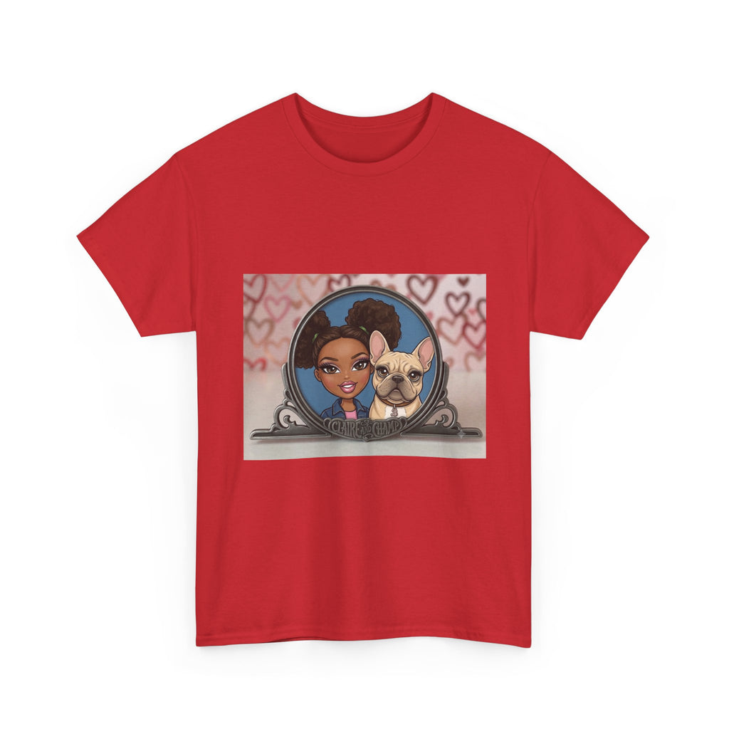 Cute Claire & French Bulldog Portrait T-Shirt — Heart Background Pet Lover Tee